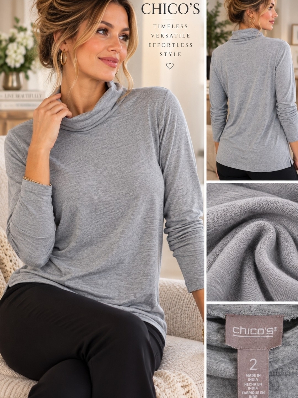 Chico’s Gray Mock TurtleNeck Cowl Long Sleeve Top Classic Elegant Basic Size 2